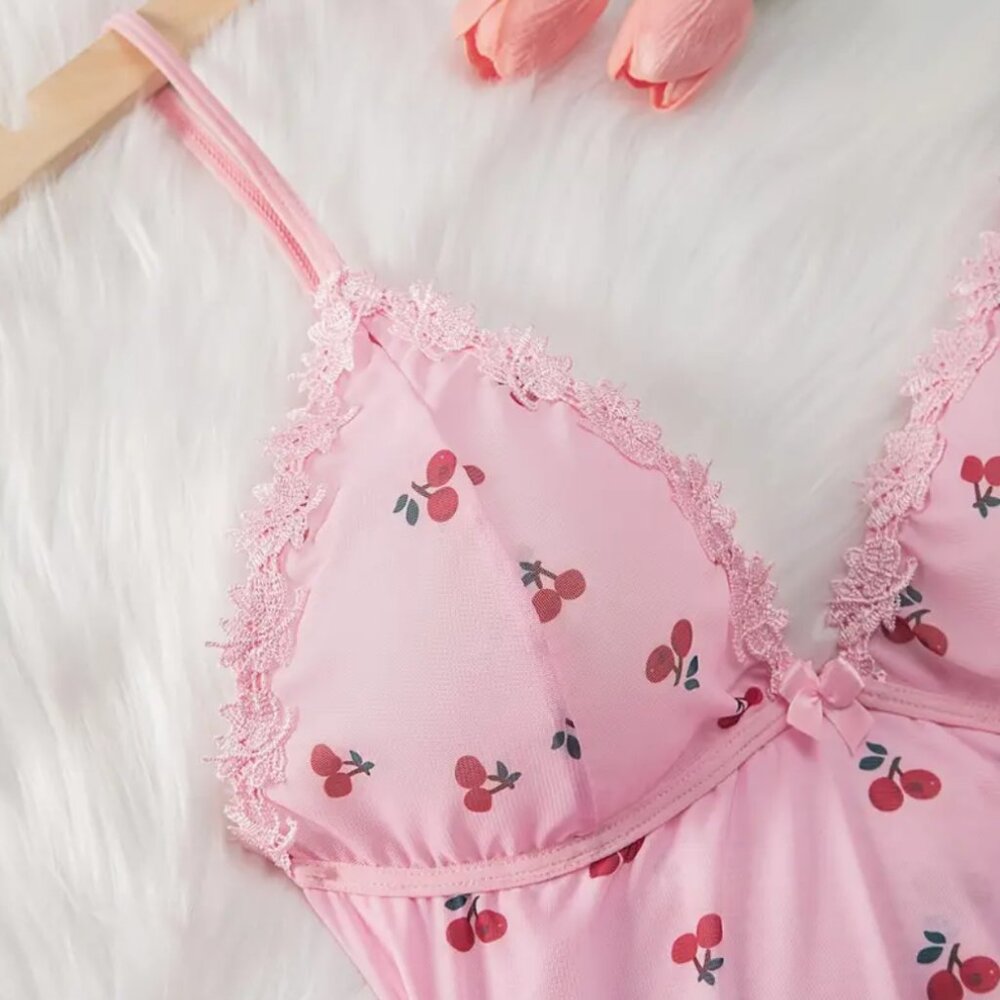 XL Sexy Cherry Print Lace Trim Slip Nightdress, V Neck Backless Sleep Mini Dress - Picture 4 of 5